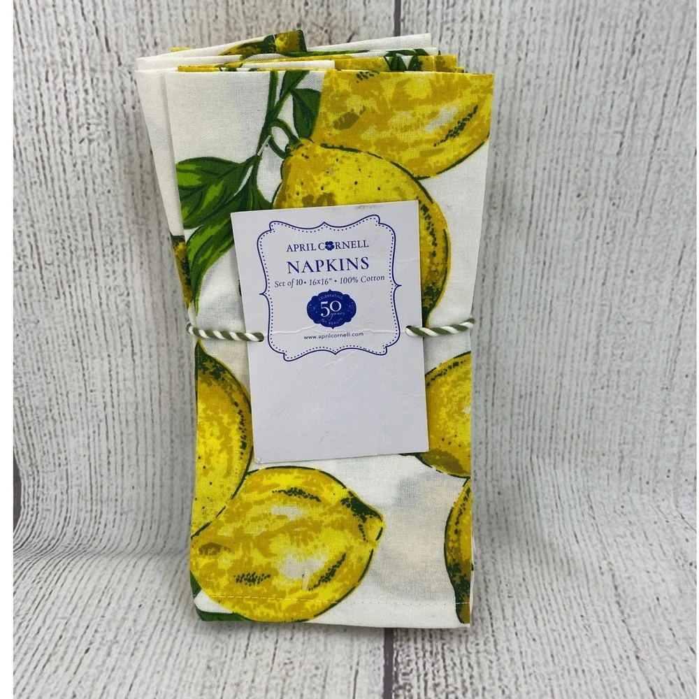 April Cornell Napkins (Set of 10) Yellow Lemon Print White 100% Cotton Fruit